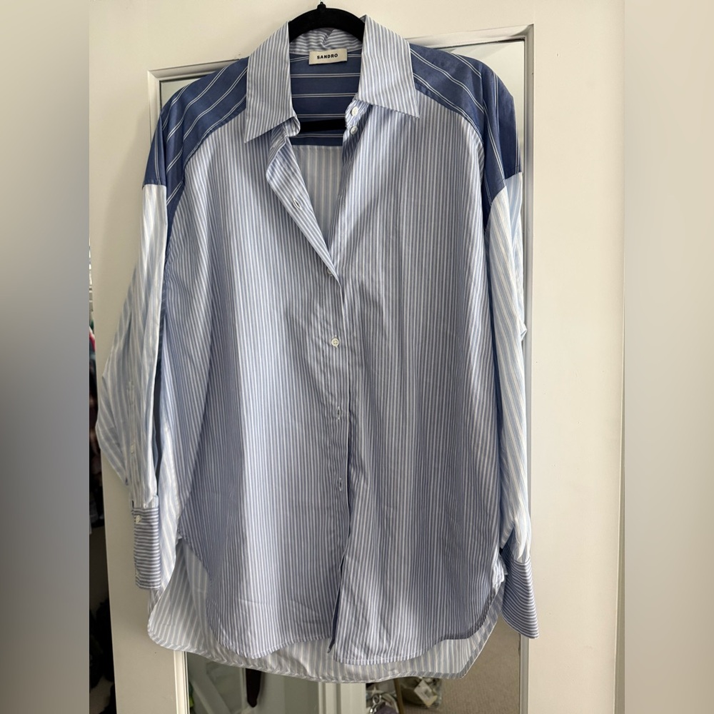 Sandro Blue Striped Patchwork Button-Down Shirt